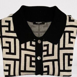 Balmain Men Monogram Wool & Linen Polo Shirt